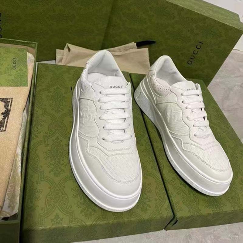 G*u*i unisex gg embossed sneaker white smooth leather lace up flat