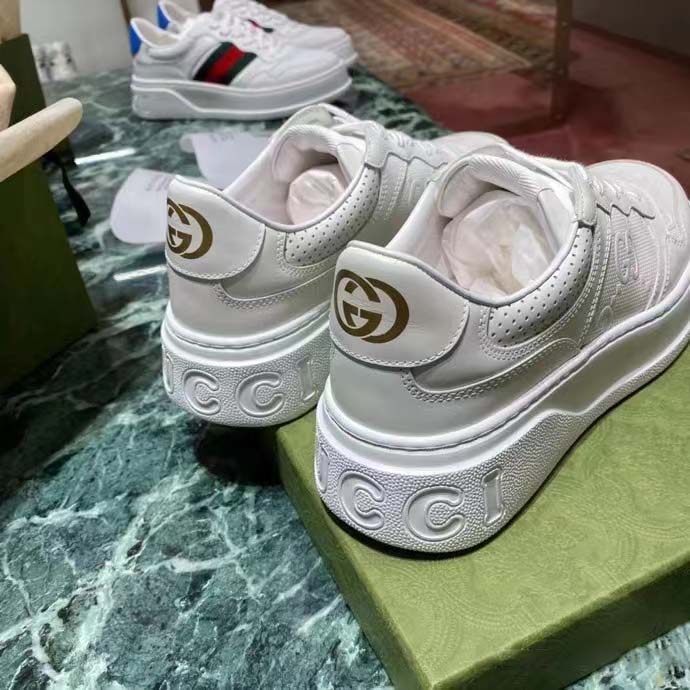 G*u*i unisex gg embossed sneaker white smooth leather lace up flat