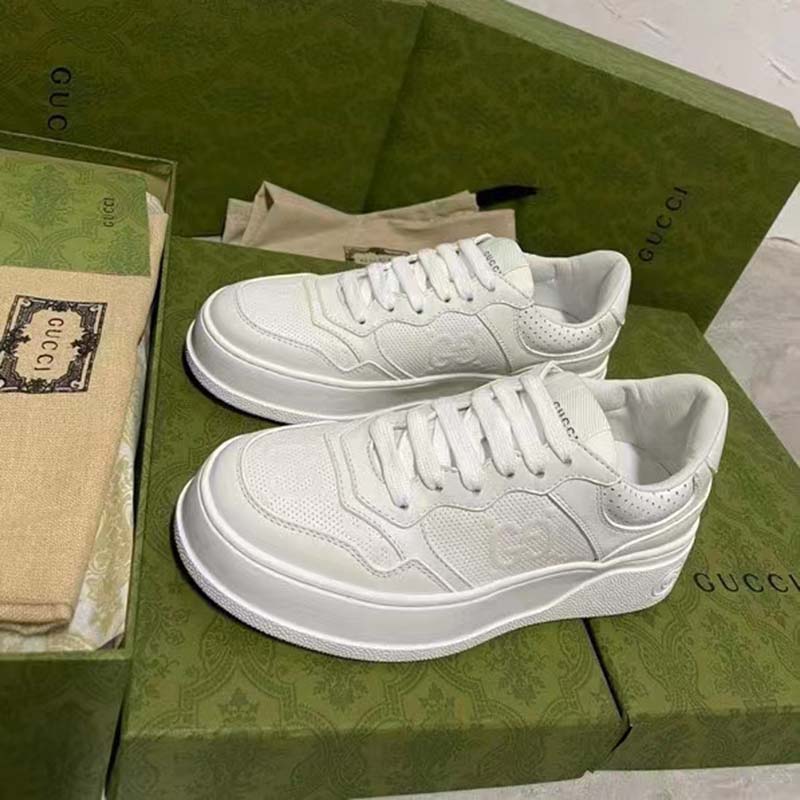 G*u*i unisex gg embossed sneaker white smooth leather lace up flat