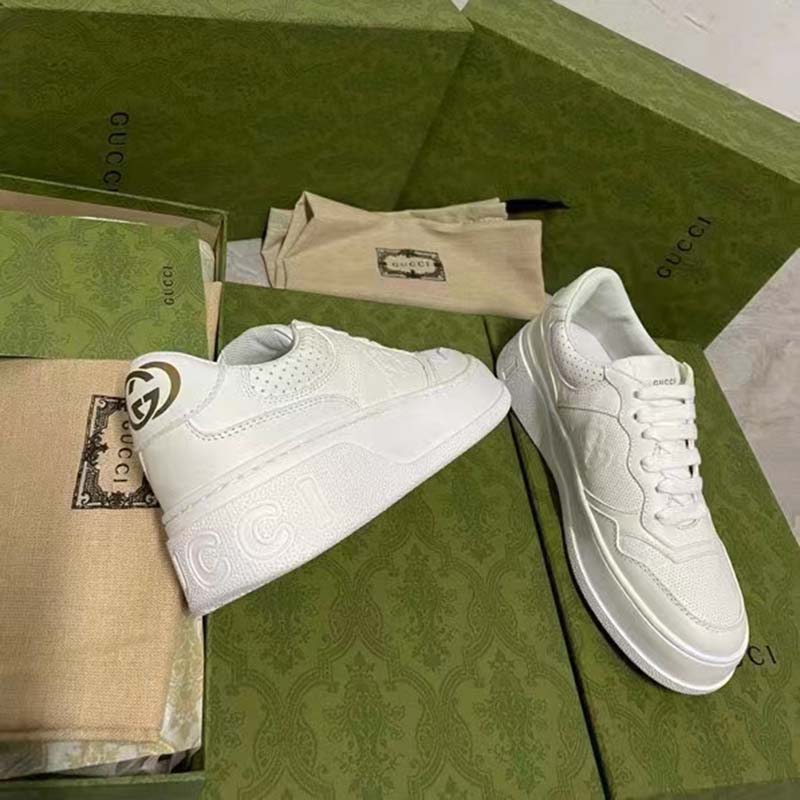 G*u*i unisex gg embossed sneaker white smooth leather lace up flat