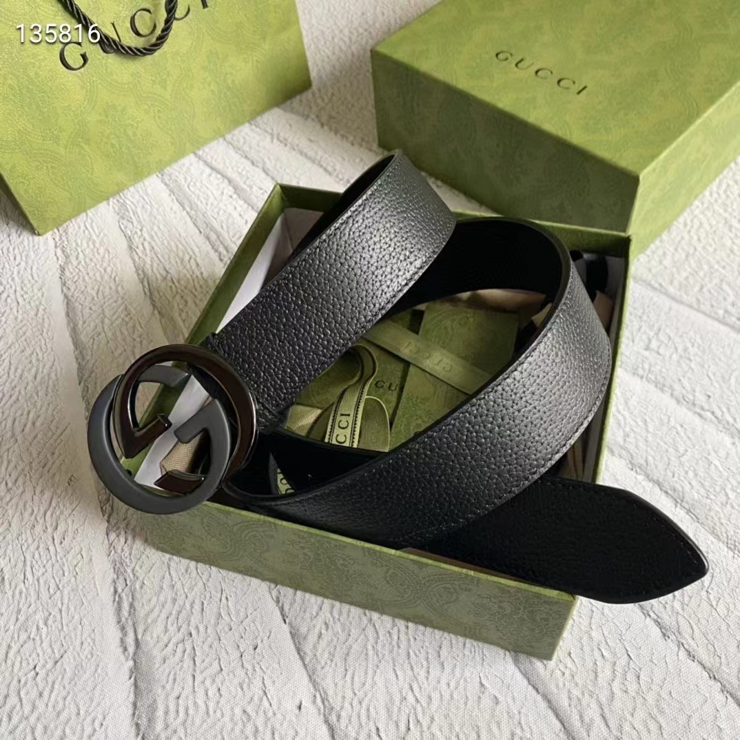 G*u*i unisex gg leather belt with interlocking g black buckle 3.8 cm width