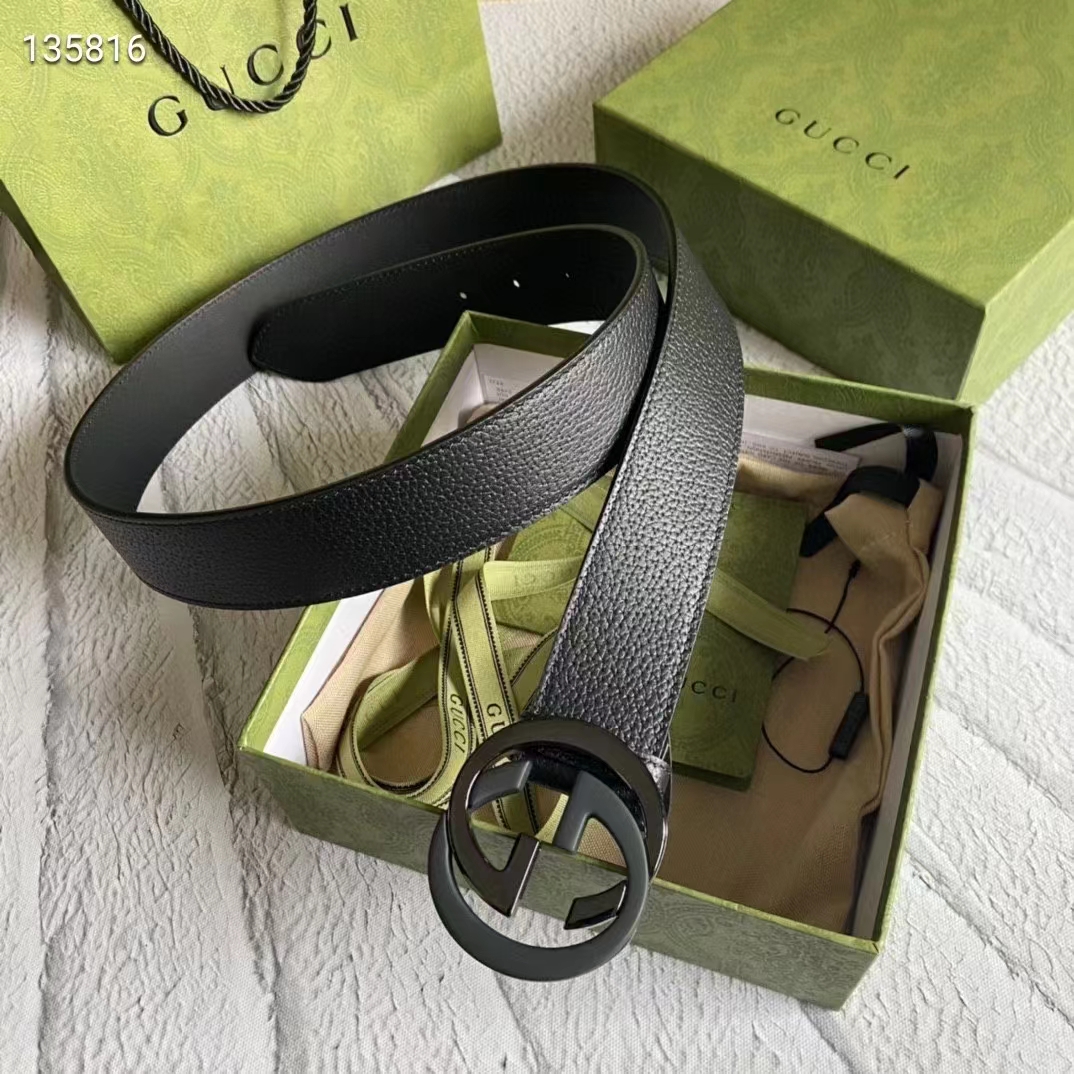G*u*i unisex gg leather belt with interlocking g black buckle 3.8 cm width