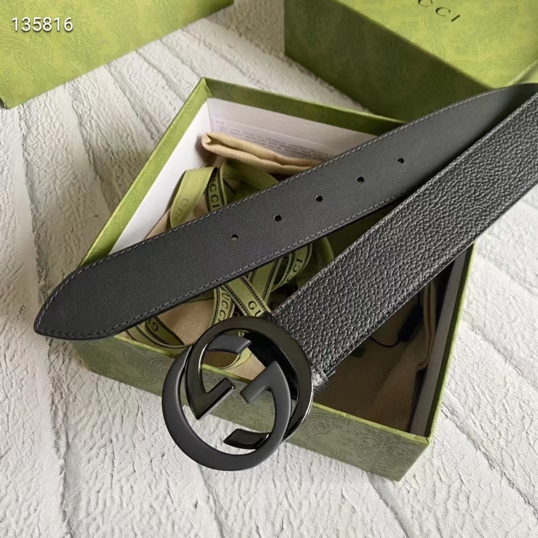 G*u*i unisex gg leather belt with interlocking g black buckle 3.8 cm width