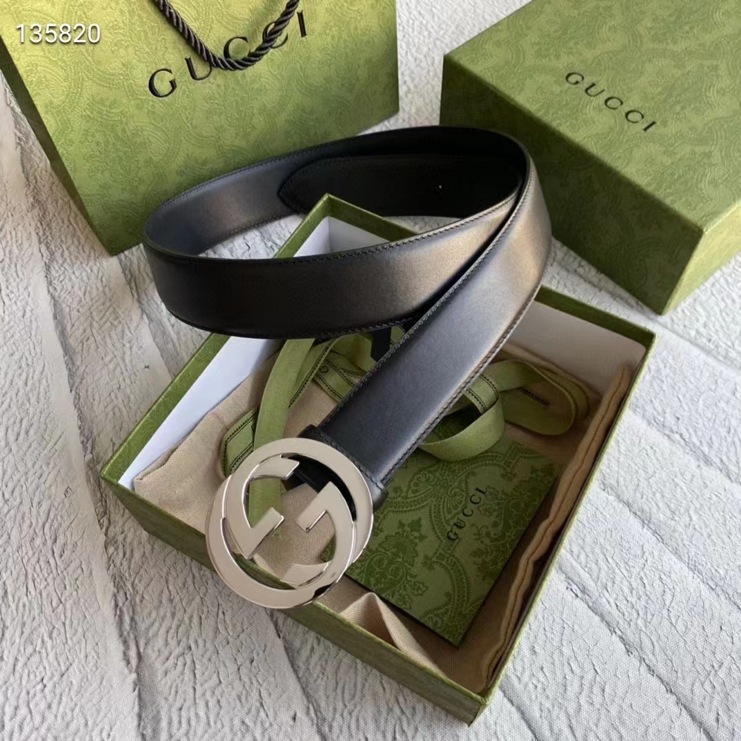 G*u*i unisex gg leather belt with interlocking g black 3.8 cm width
