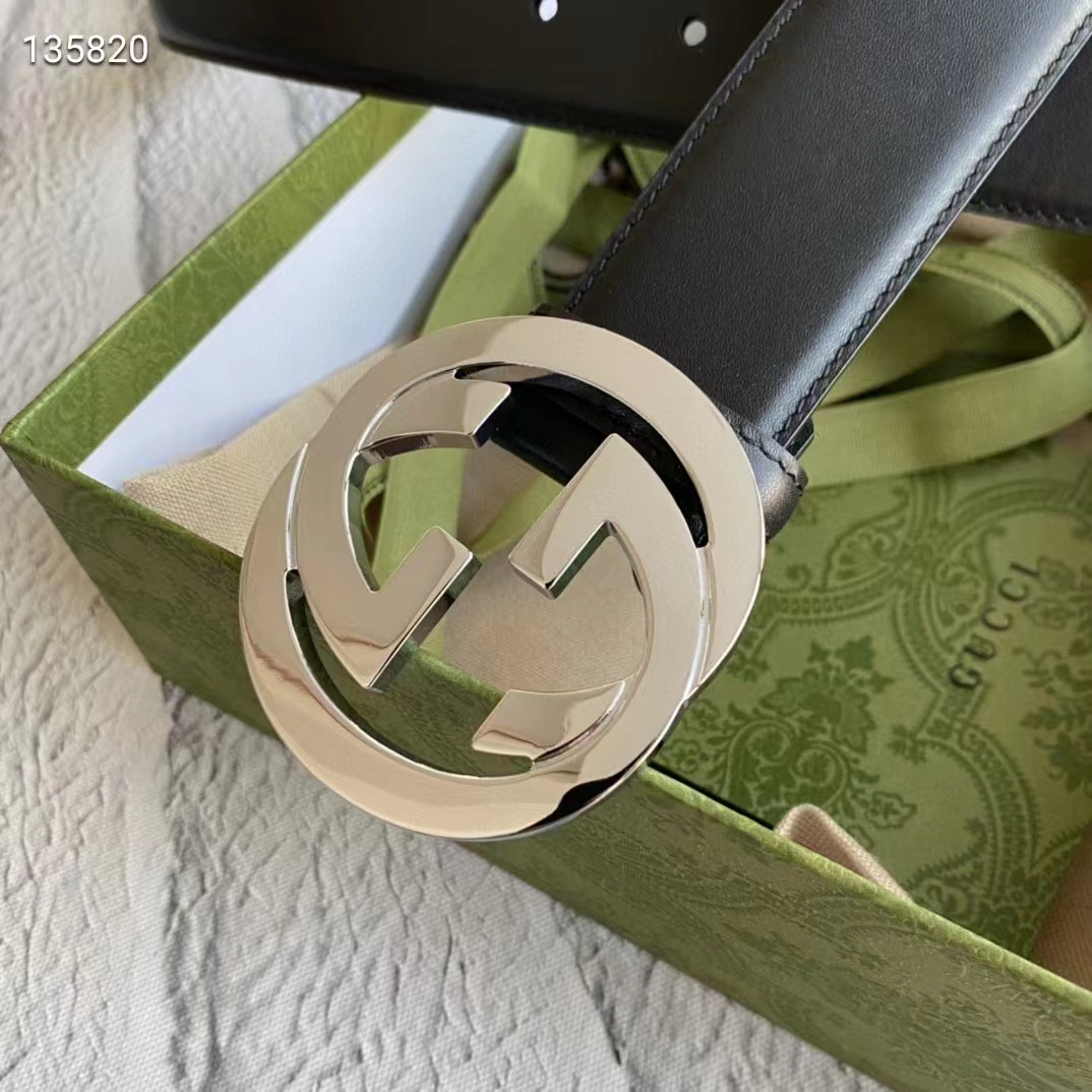 G*u*i unisex gg leather belt with interlocking g black 3.8 cm width