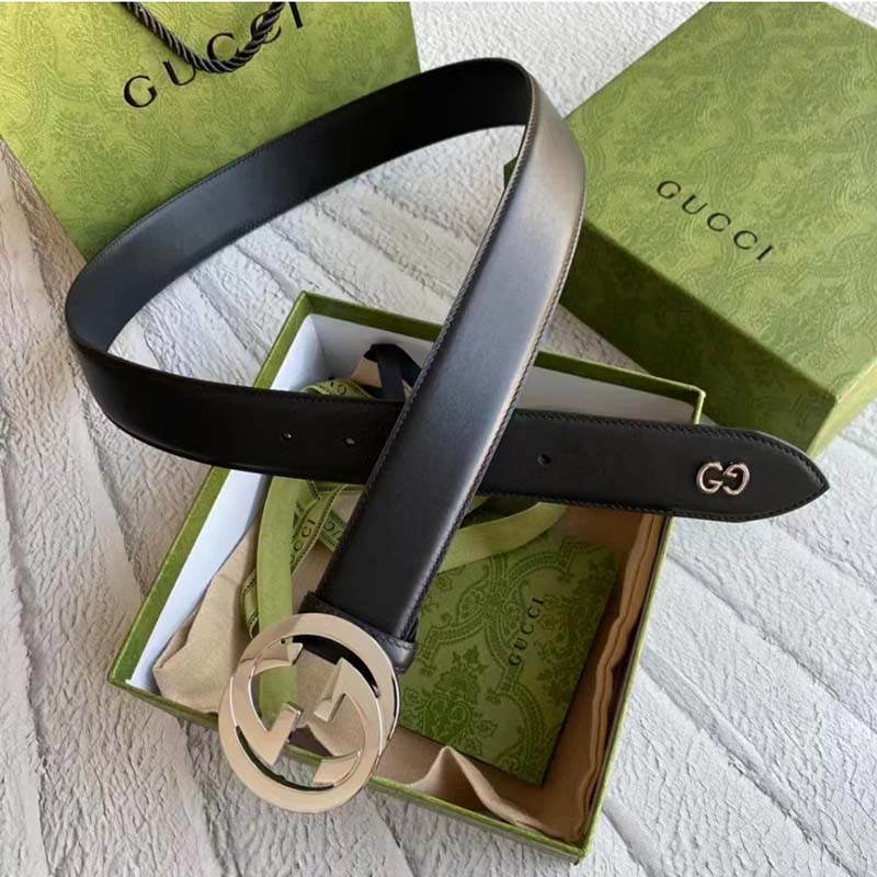 G*u*i unisex gg leather belt with interlocking g black 3.8 cm width