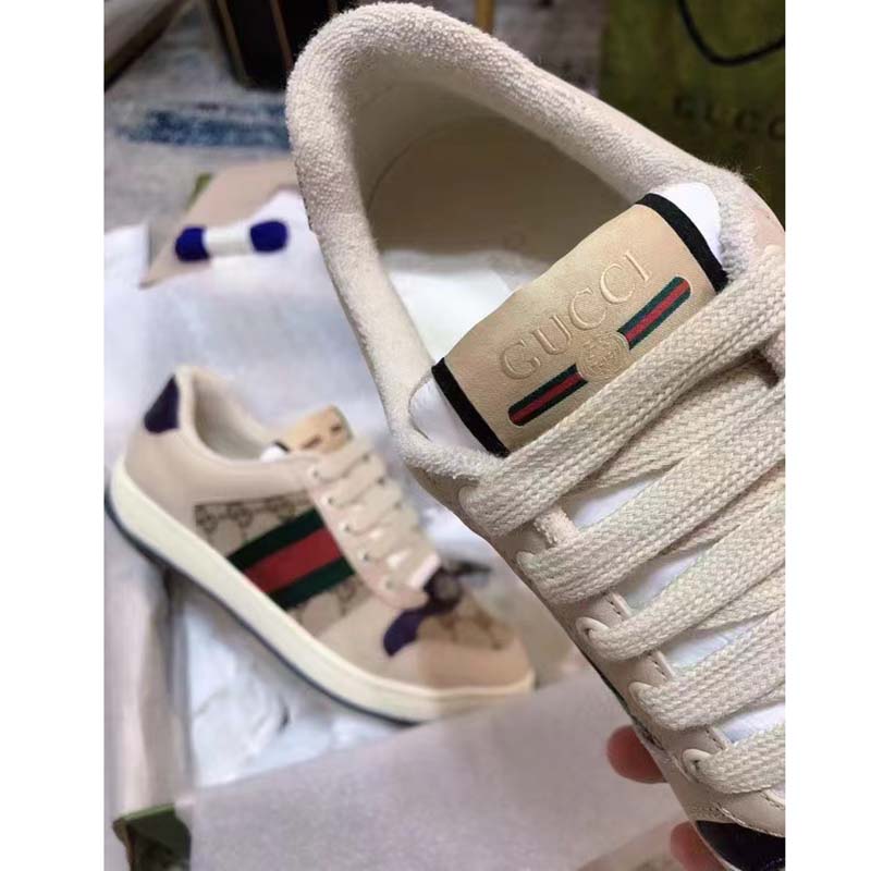 G*u*i unisex gg screener sneaker beige navy leather canvas low 4 cm heel