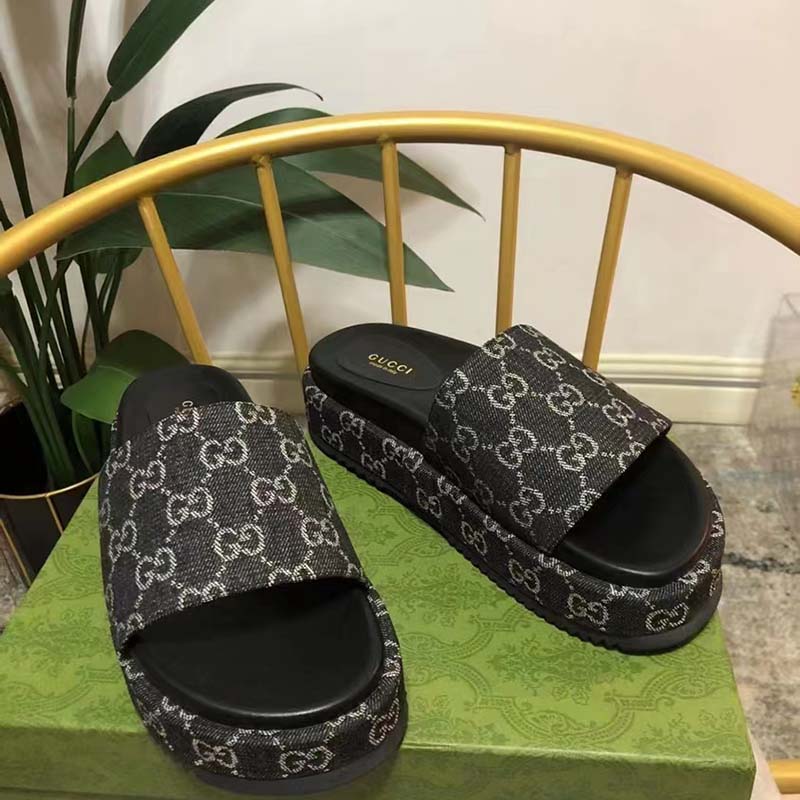 G*u*i unisex platform slide sandal black ivory gg denim mid 5.6 cm heel