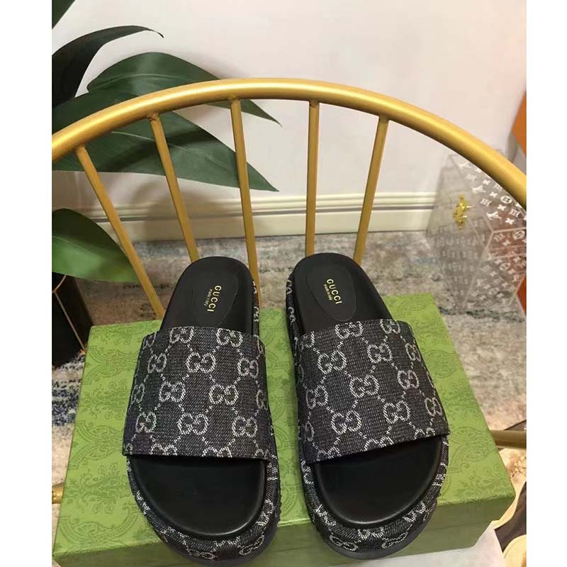 G*u*i unisex platform slide sandal black ivory gg denim mid 5.6 cm heel
