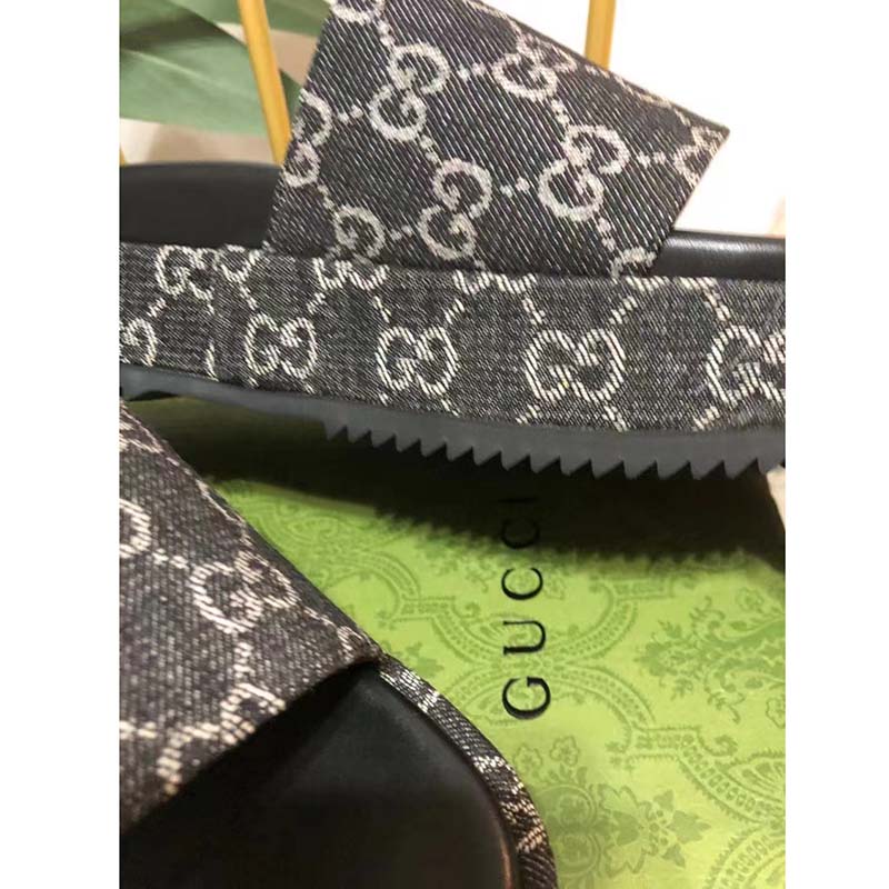 G*u*i unisex platform slide sandal black ivory gg denim mid 5.6 cm heel