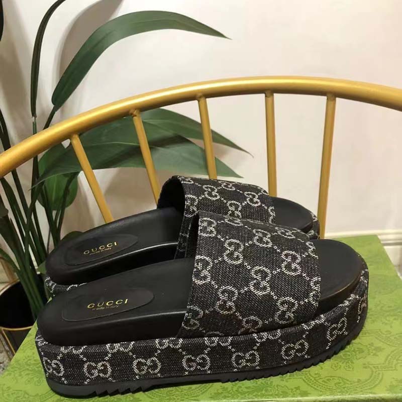 G*u*i unisex platform slide sandal black ivory gg denim mid 5.6 cm heel