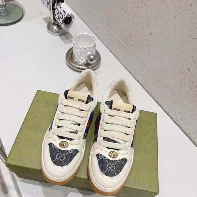 G*u*i unisex screener gg sneaker blue ivory web cream scrap less leather