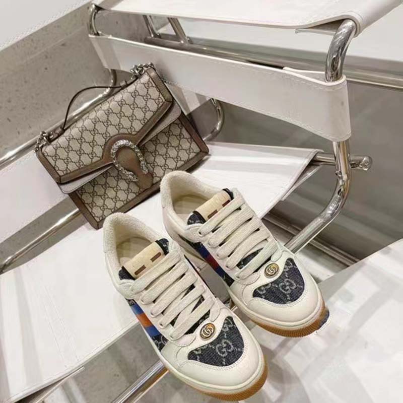 G*u*i unisex screener gg sneaker blue ivory web cream scrap less leather