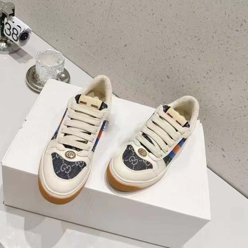 G*u*i unisex screener gg sneaker blue ivory web cream scrap less leather