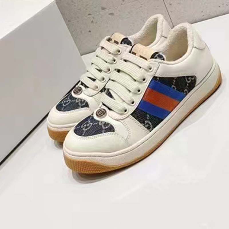 G*u*i unisex screener gg sneaker blue ivory web cream scrap less leather