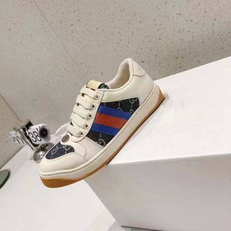 G*u*i unisex screener gg sneaker blue ivory web cream scrap less leather