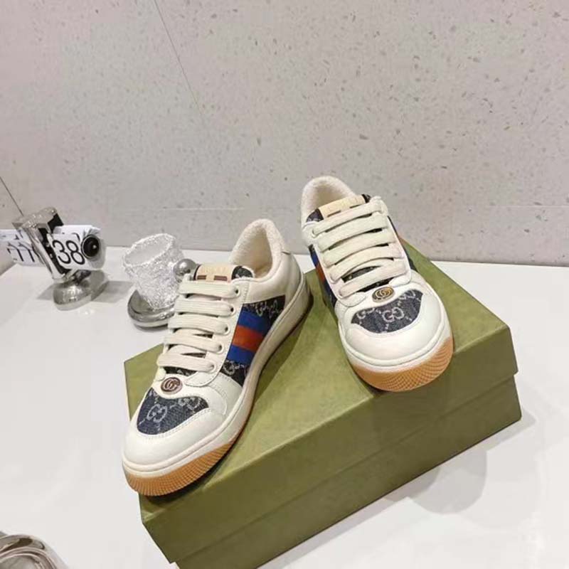 G*u*i unisex screener gg sneaker blue ivory web cream scrap less leather