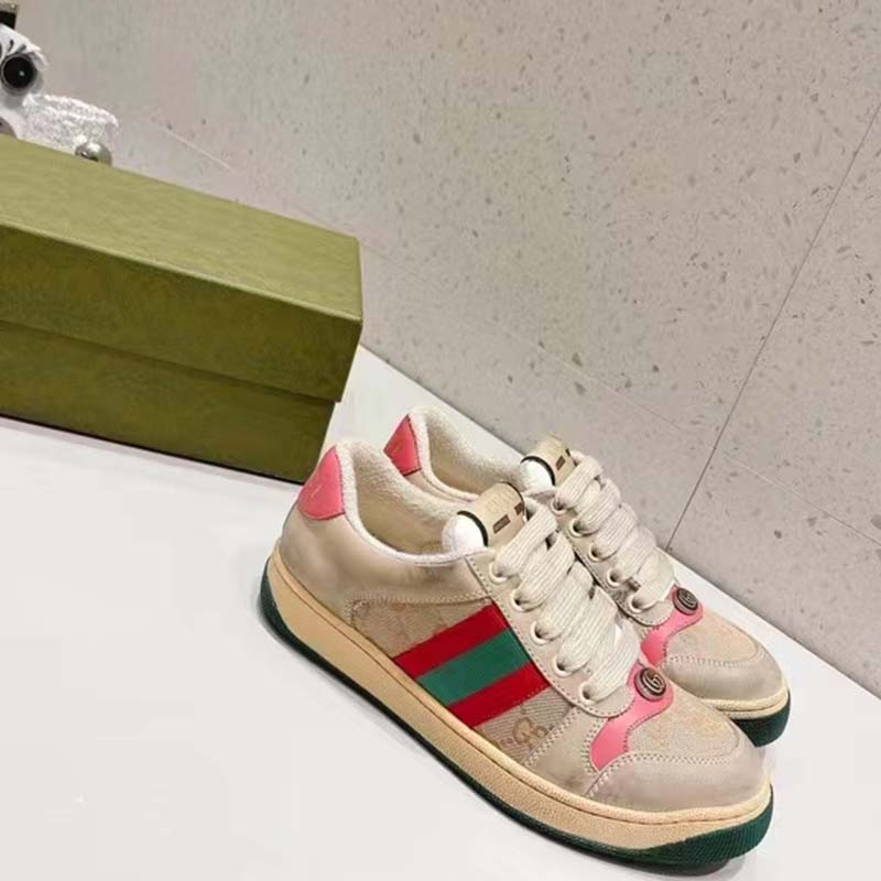 G*u*i unisex screener leather sneaker gg canvas green orange web 3cm heel