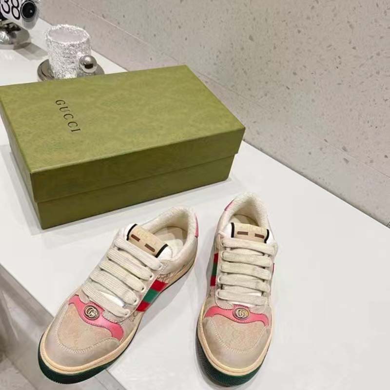 G*u*i unisex screener leather sneaker gg canvas green orange web 3cm heel