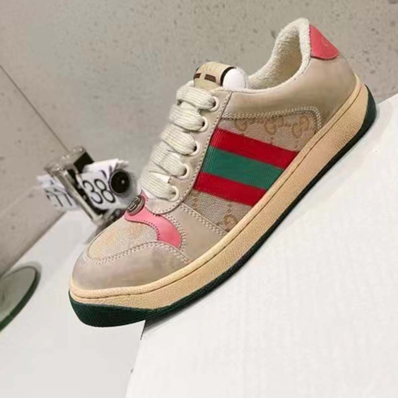 G*u*i unisex screener leather sneaker gg canvas green orange web 3cm heel