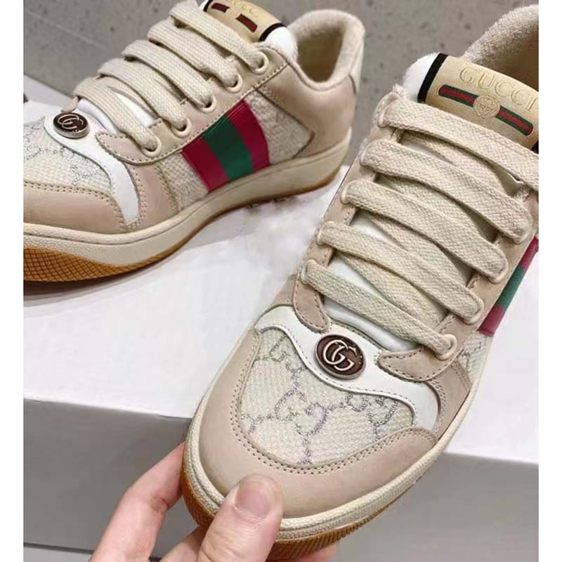 G*u*i unisex screener sneaker pink green web cream scrap less leather
