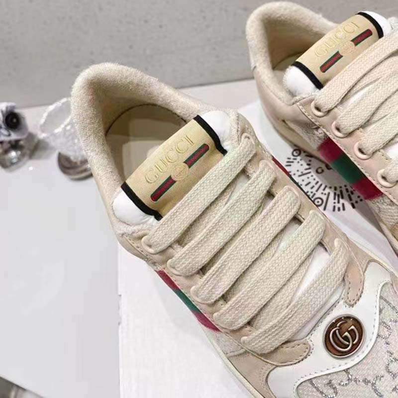 G*u*i unisex screener sneaker pink green web cream scrap less leather