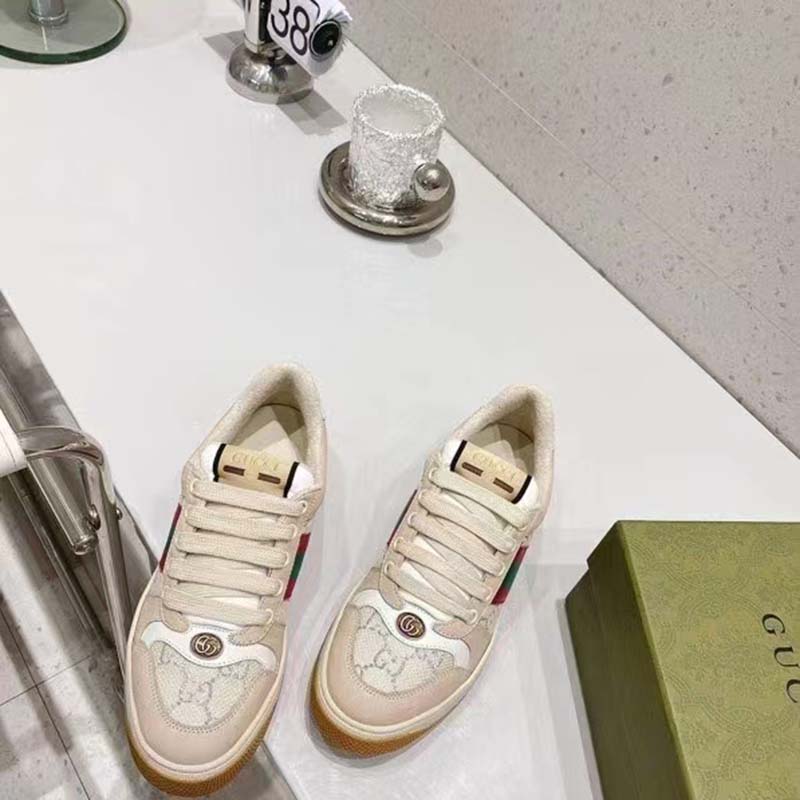 G*u*i unisex screener sneaker pink green web cream scrap less leather