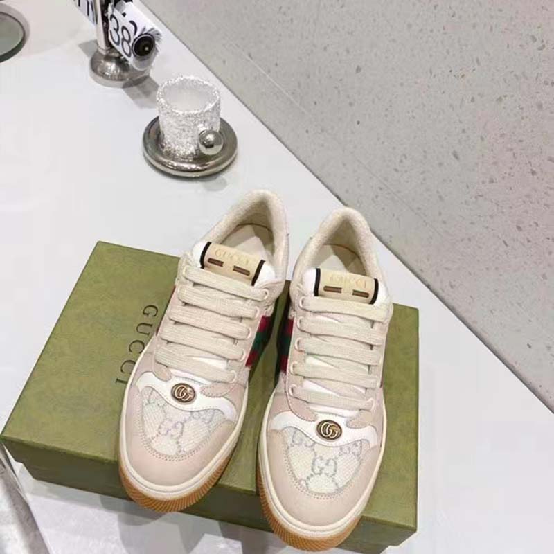 G*u*i unisex screener sneaker pink green web cream scrap less leather