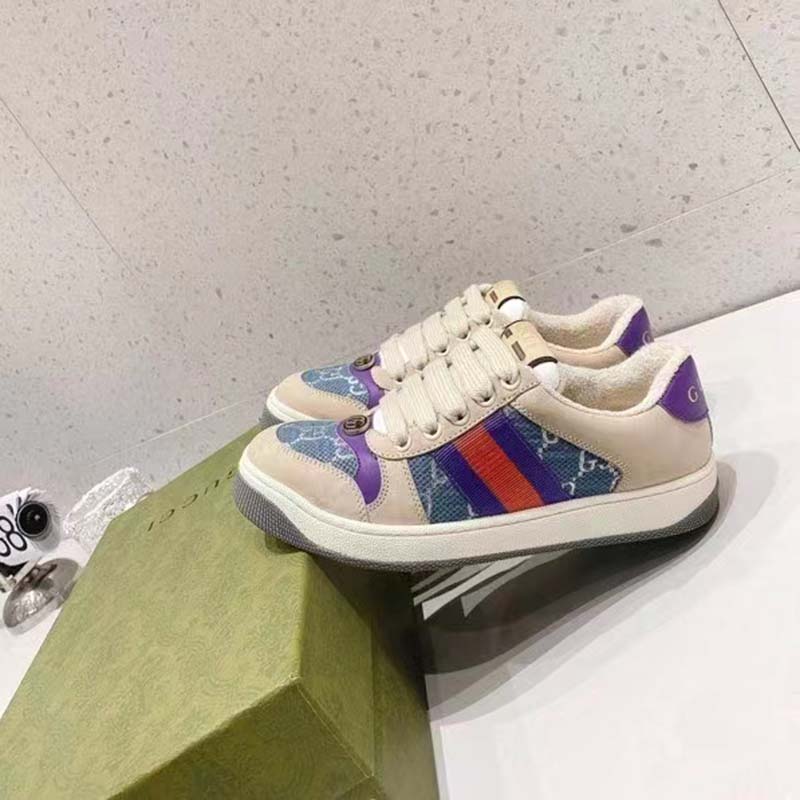 G*u*i unisex screener sneaker purple red web cream scrap less leather