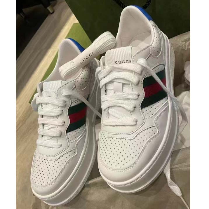 G*u*i unisex sneaker web white leather green red web lace up flat