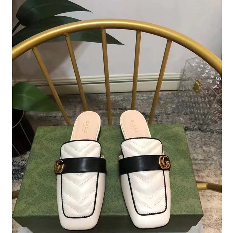 G*u*i unisex women slipper double g white leather matelassé chevron flat