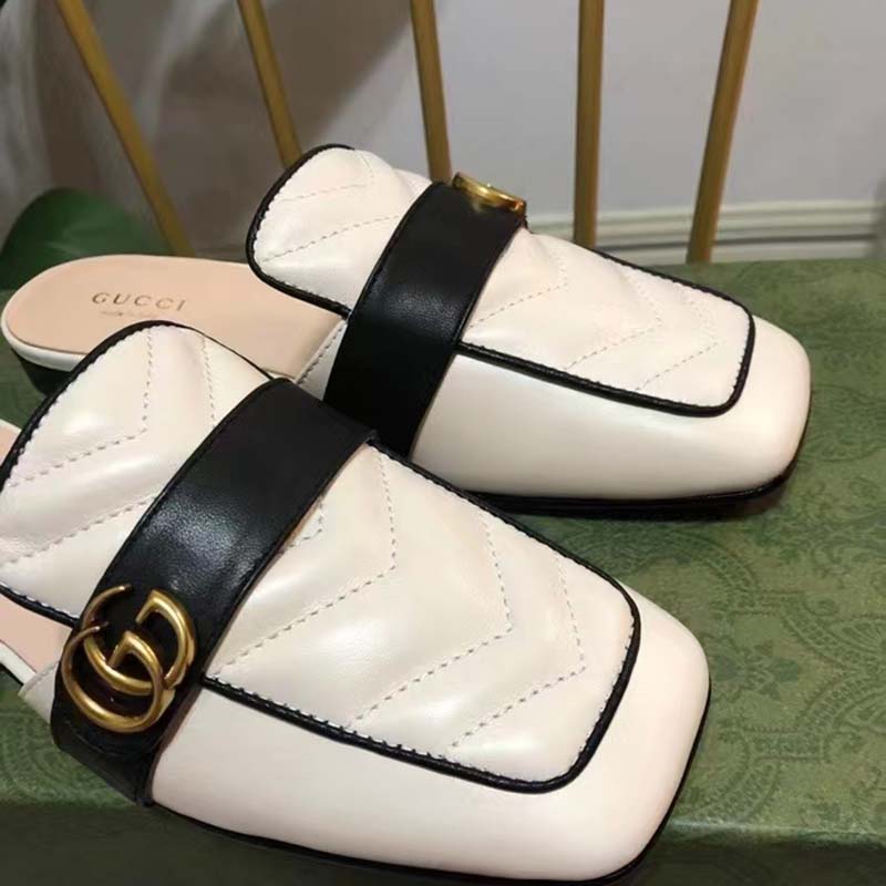 G*u*i unisex women slipper double g white leather matelassé chevron flat