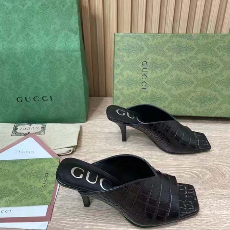 G*u*i women gg crocodile print pump black square toe mid heel