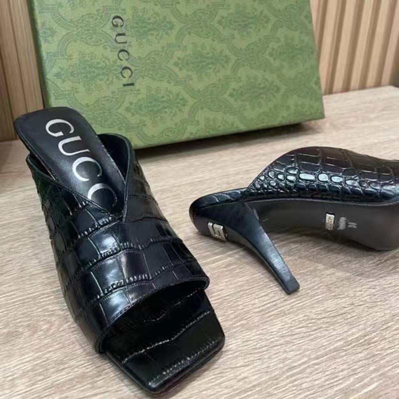 G*u*i women gg crocodile print pump black square toe mid heel