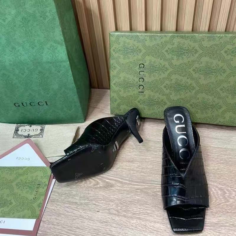 G*u*i women gg crocodile print pump black square toe mid heel