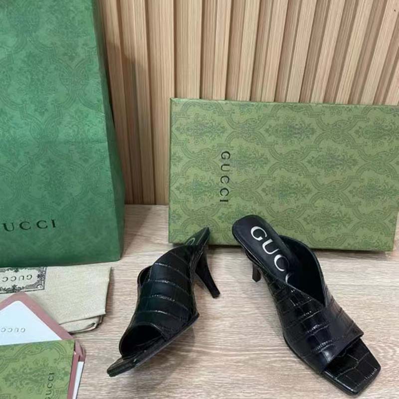 G*u*i women gg crocodile print pump black square toe mid heel