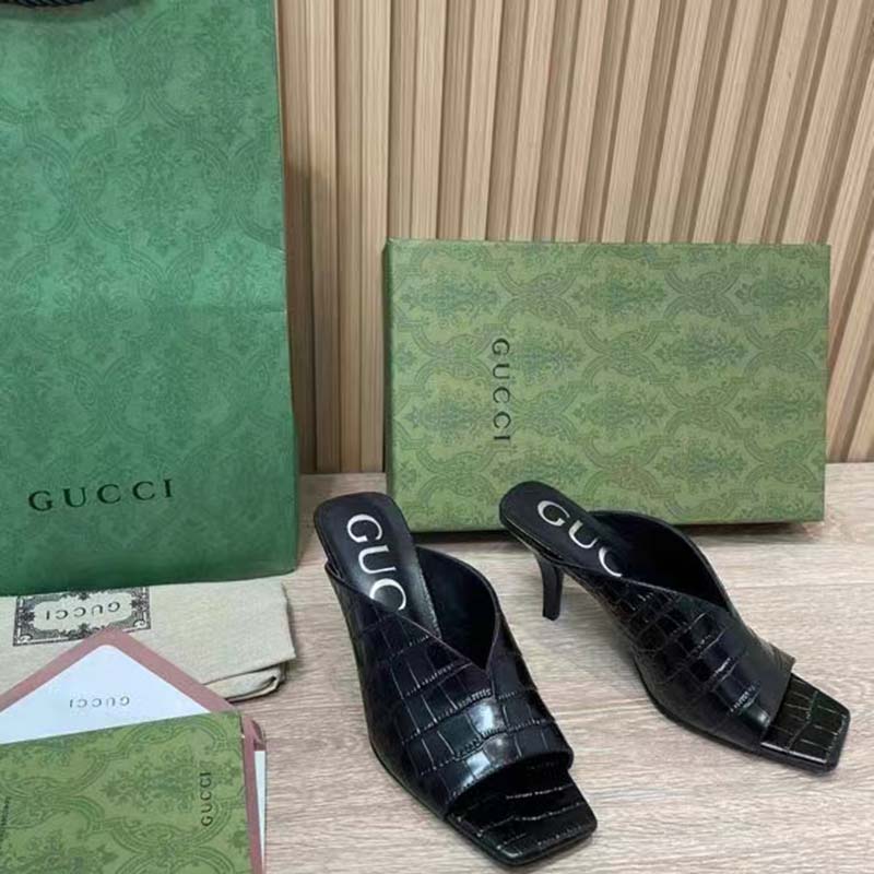 G*u*i women gg crocodile print pump black square toe mid heel