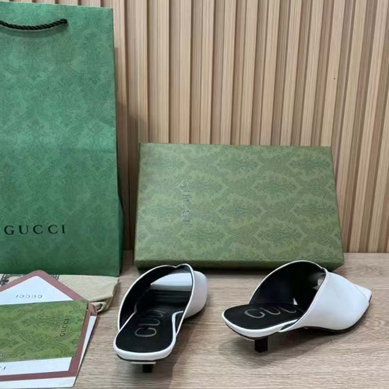 G*u*i women gg low heel sandal white leather square toe