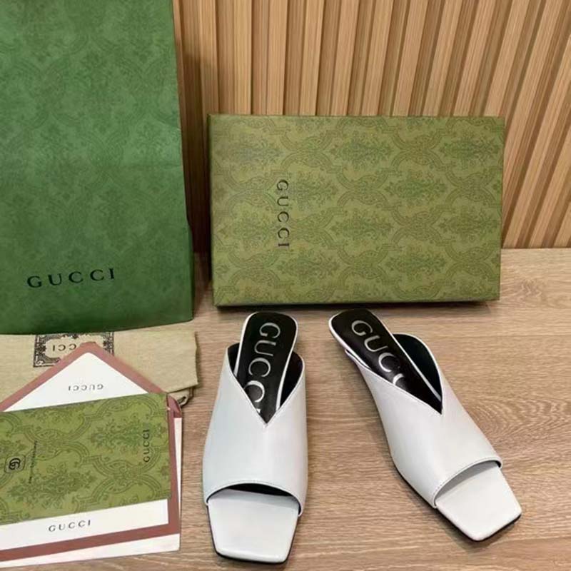 G*u*i women gg low heel sandal white leather square toe