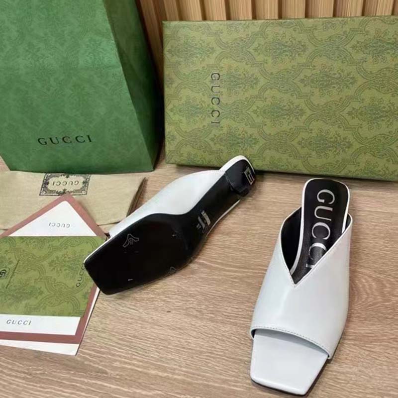 G*u*i women gg low heel sandal white leather square toe