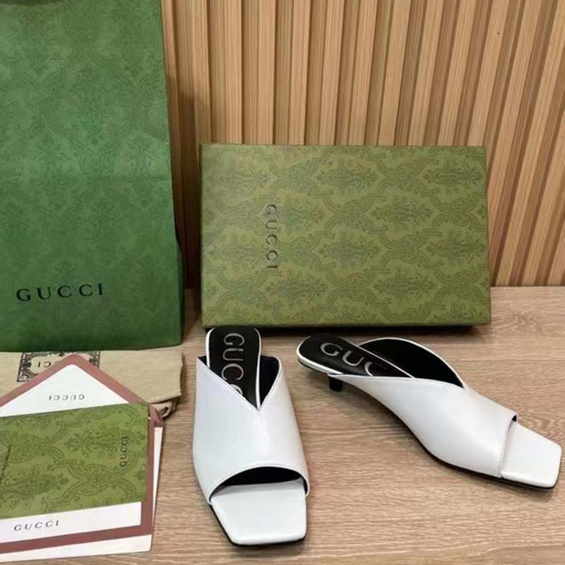 G*u*i women gg low heel sandal white leather square toe