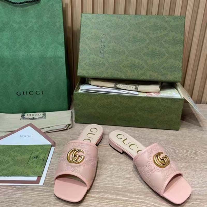 G*u*i women gg matelassé slide sandal beige double g square toe flat