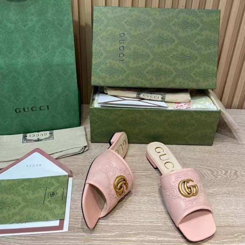 G*u*i women gg matelassé slide sandal beige double g square toe flat