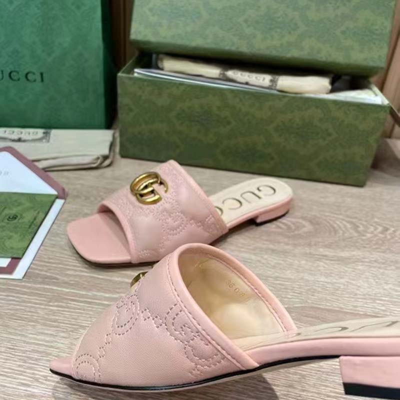 G*u*i women gg matelassé slide sandal beige double g square toe flat
