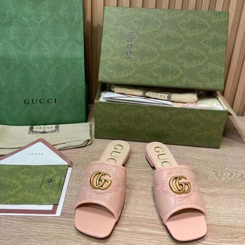 G*u*i women gg matelassé slide sandal beige double g square toe flat