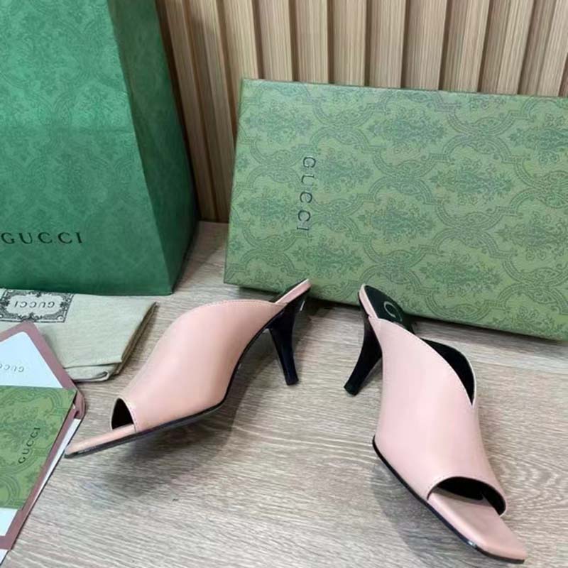 G*u*i women gg mid-heel open toe pump light pink leather square toe