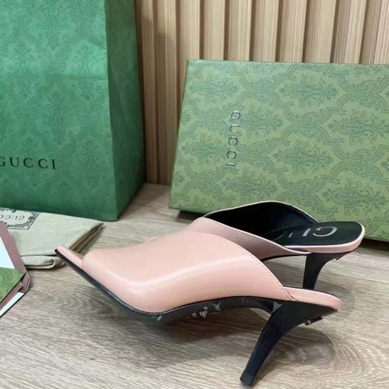 G*u*i women gg mid-heel open toe pump light pink leather square toe