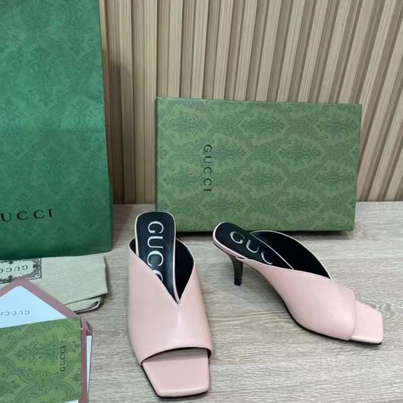 G*u*i women gg mid-heel open toe pump light pink leather square toe