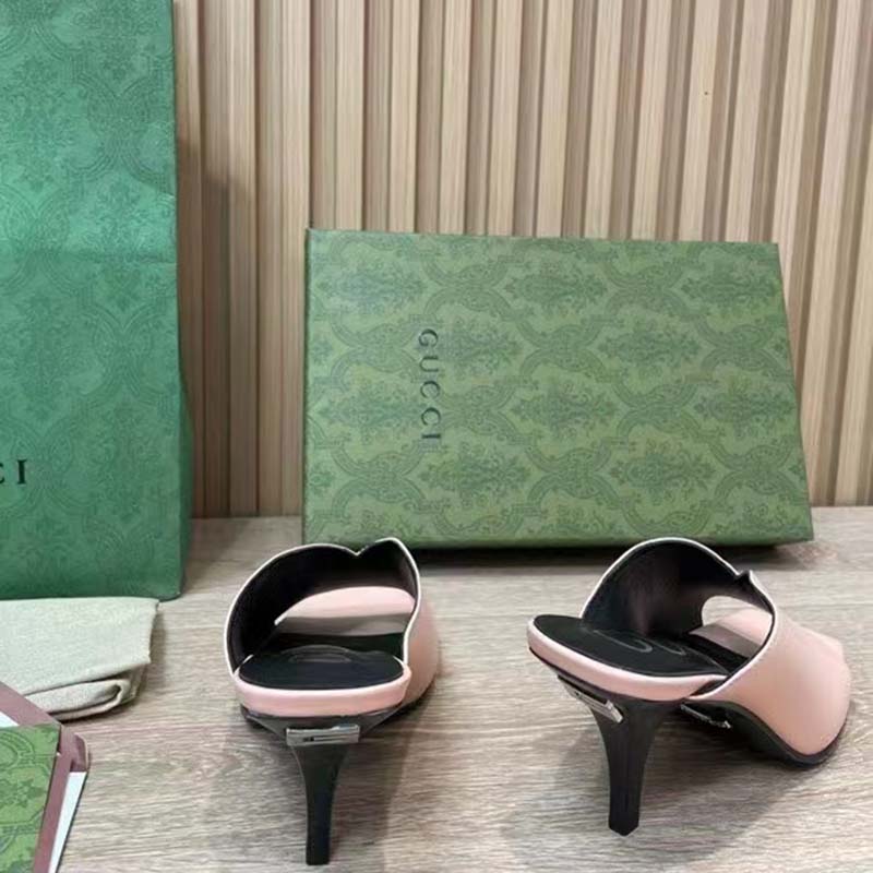 G*u*i women gg mid-heel open toe pump light pink leather square toe