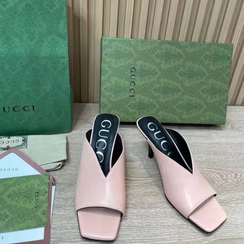 G*u*i women gg mid-heel open toe pump light pink leather square toe